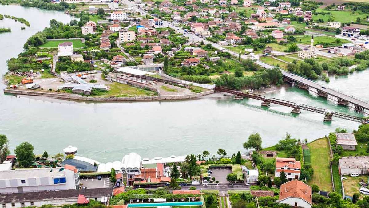 Overlooking parts of Albania, with rivers, bridges and houses.